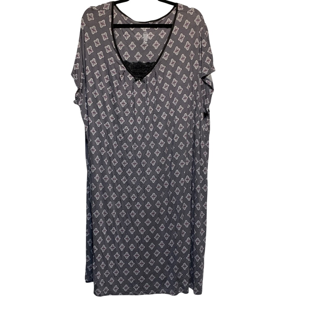 Croft & Barrow Intimates Nightgown 3X Grey Geometric V-Neck Sleepwear Comfy Soft